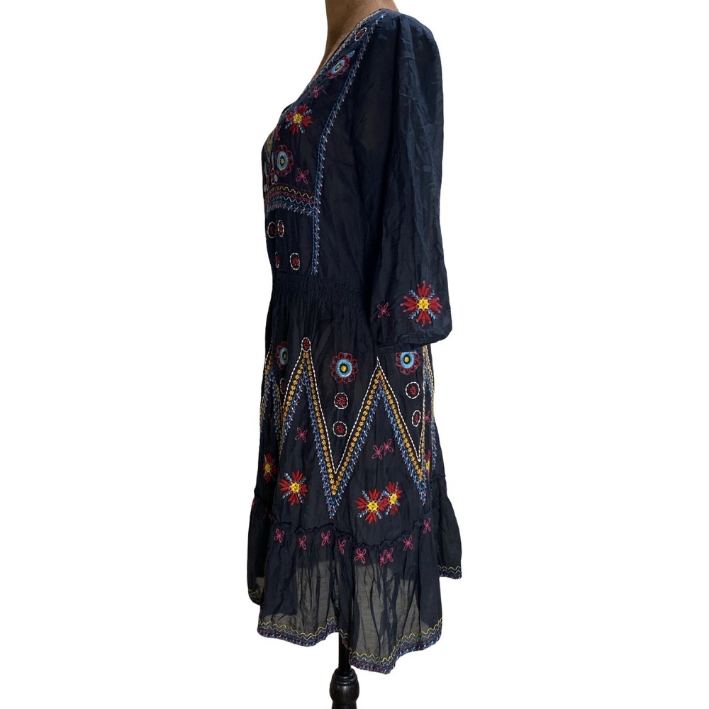 Johnny Was 3J Workshop Embroidered Silk Blend Boho Dress Black XS V-Neck Smocked - Picture 4 of 12
